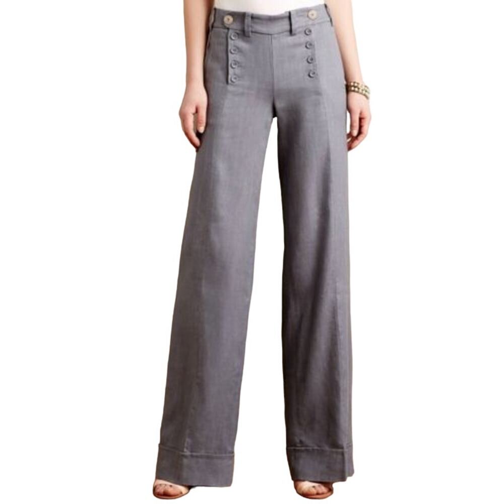 Anthropologie Elevenses Sailor Wide Leg Pant Button High Waisted Linen Gray 4S